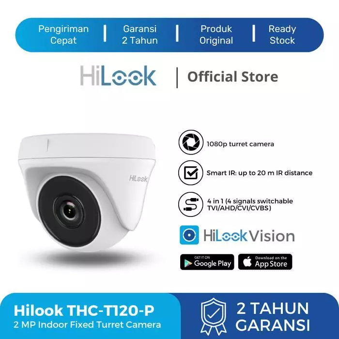 HiLook CCTV 2MP 1080p Smart IR Turret Camera Original Distributor Resmi THC-T120-PC